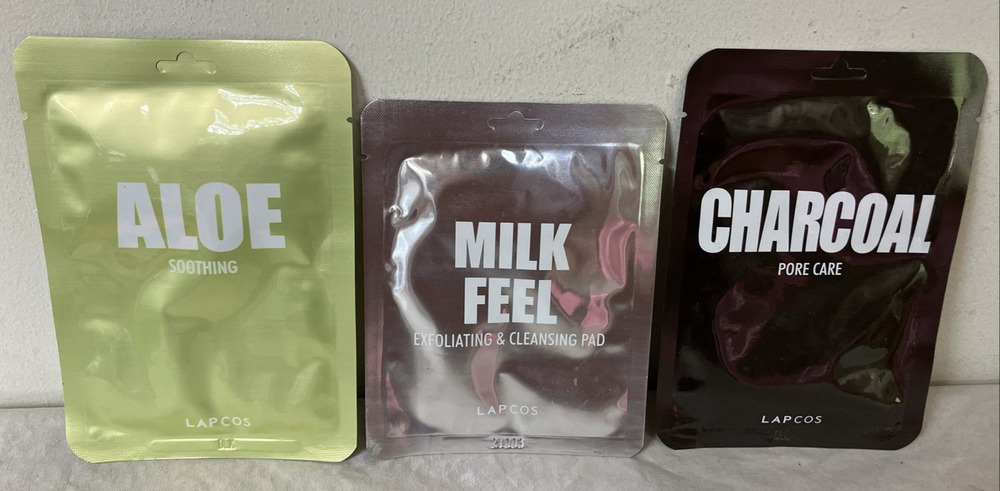Set 3 Lapcos South Korean Facial Sheet Masks Cleansing Pad Aloe Charcoal Milk